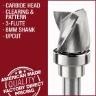 Carbide Head, Clearing & Pattern Router Bits, 3-Flute, 8mm Shank