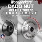SawStop standard arbor washer and nut beside Dado Nut. Standard nut barely engages shaft. Dado Nut fully engages shaft.