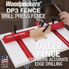 DP3 Fence on Drill Press Table with stock clamped to fence and operator drilling a mortise. 
