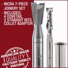 Ultra-Shear 7-Piece INCRA Joinery Set with samples of finished work.
