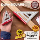Both sizes of the DelVe Square SS. The larger is resting on a board with a 45-degree mark made. The smaller is resting in the palm of the user's hand.