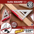 Both sizes of the DelVe Square SS. The larger is resting on a board with a 45-degree mark made. The smaller is resting in the palm of the user's hand. 