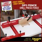 DP3 Fence on Drill Press Table with stock clamped to fence and operator drilling a mortise. 
