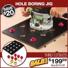 Hole Boring Jig in use creating 20mm holes on 96mm centers with plunge router. 
