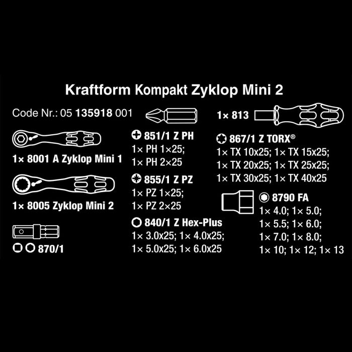 ブラック&ホワイト　LL Wera Tools 135918 Kraftform Kompakt Zyklop Mini 2 Set
