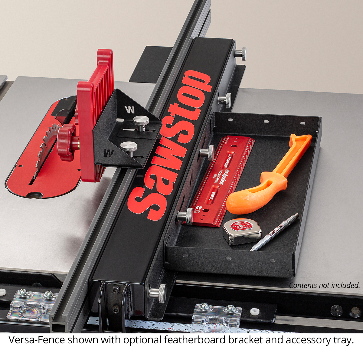 Woodpeckers Versa-Fence Face Upgrade installed on SawStop T-Glide table saw fence for woodworking stock control and fence accessory use