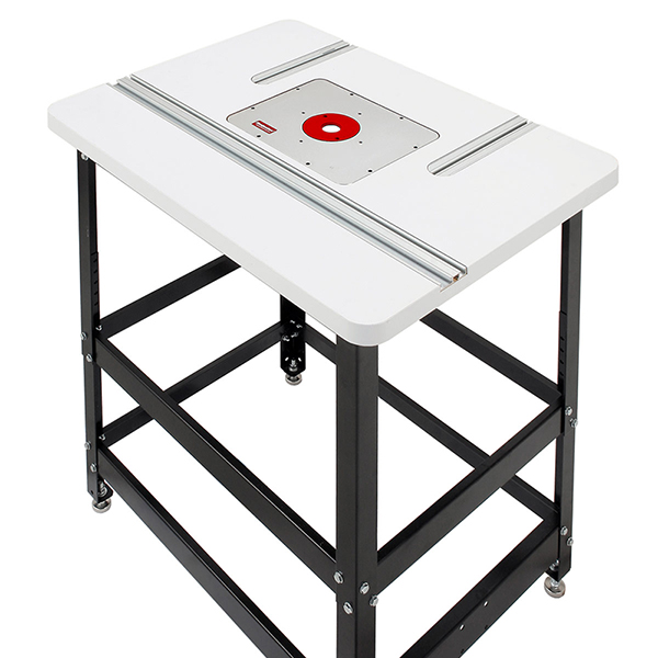 Woodpeckers Cast Aluminum Router Mounting Plate shown installed in MDF router table top.